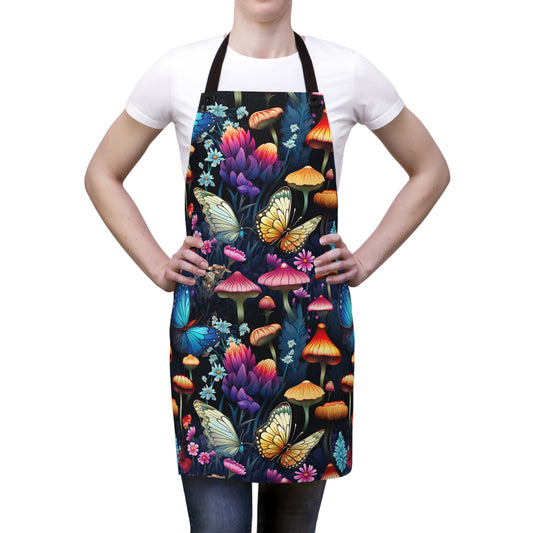 Neon Nocturne: Illuminated Butterfly and Mushroom Silhouettes Against the Night Sky - Kitchen Chef Apron