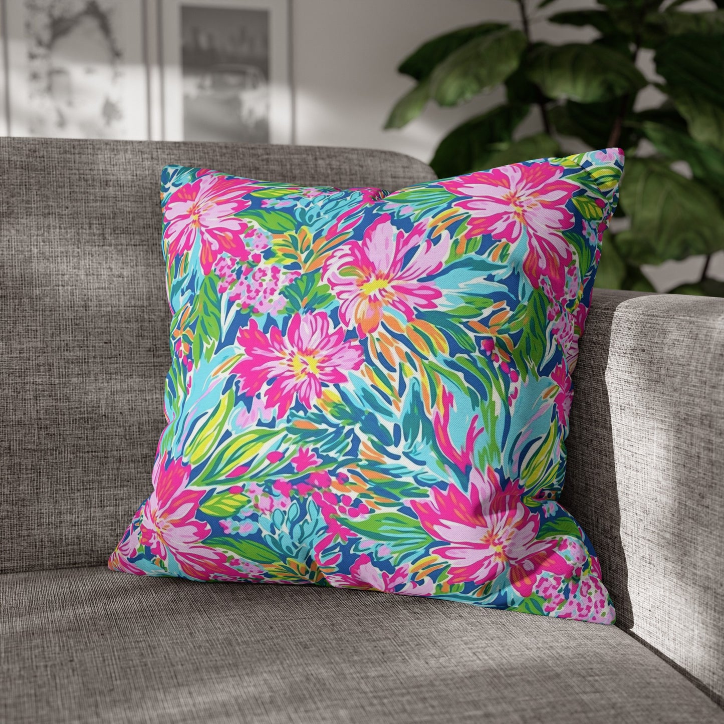 Sunlit Symphony: Large Blooms of Pink, Blue, and Green in Watercolor Spun Polyester Square Pillowcase 4 Sizes