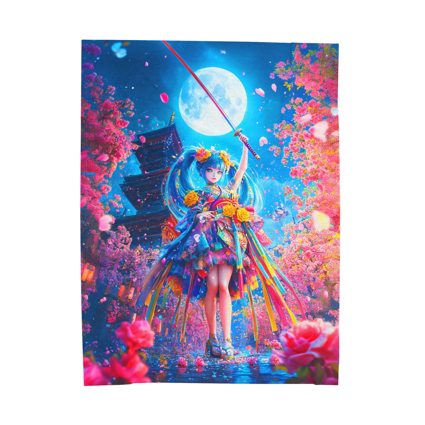 Samurai Warrior in Blossoms and Vibrant Kimono Under the Moonlight Velveteen Plush Blanket 3 Sizes