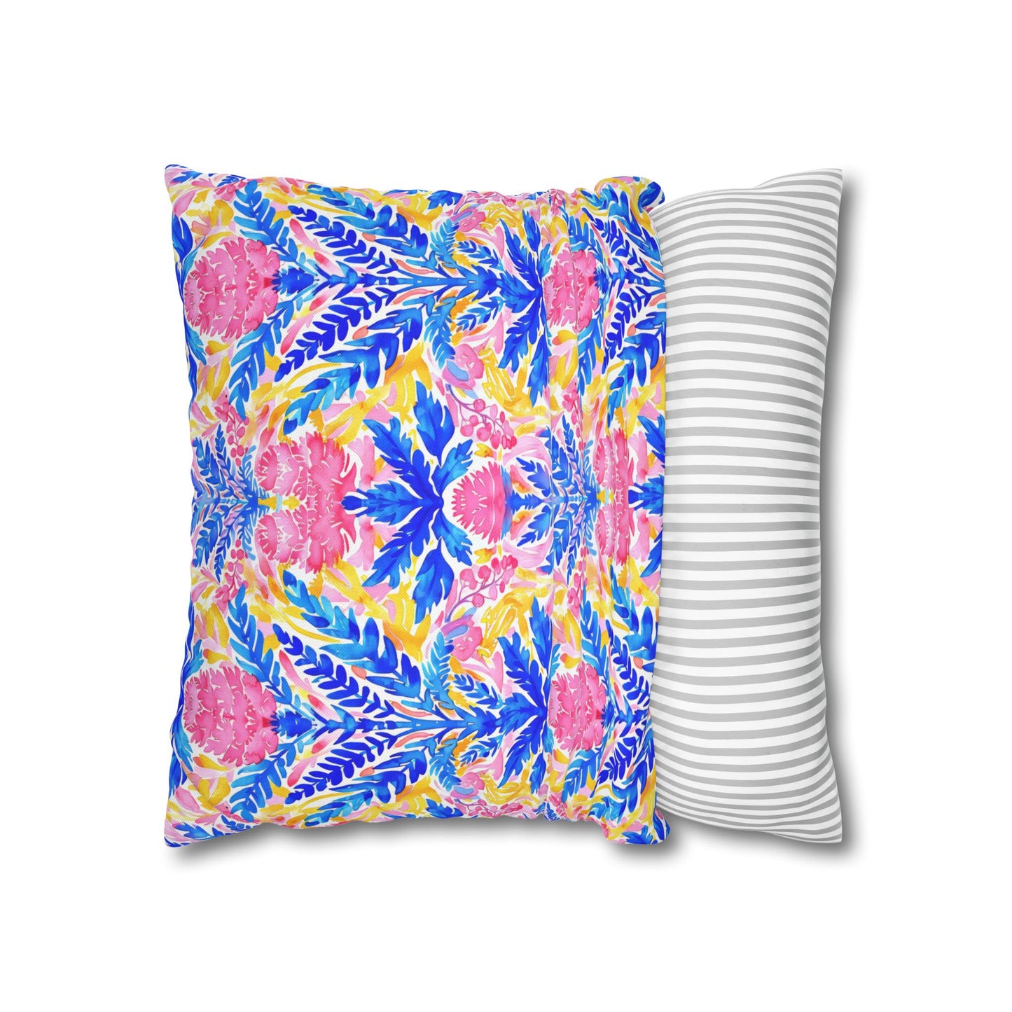 Tropical Watercolor Blooms in Vibrant Pinks and Blues Spun Polyester Square Pillowcase 4 Sizes