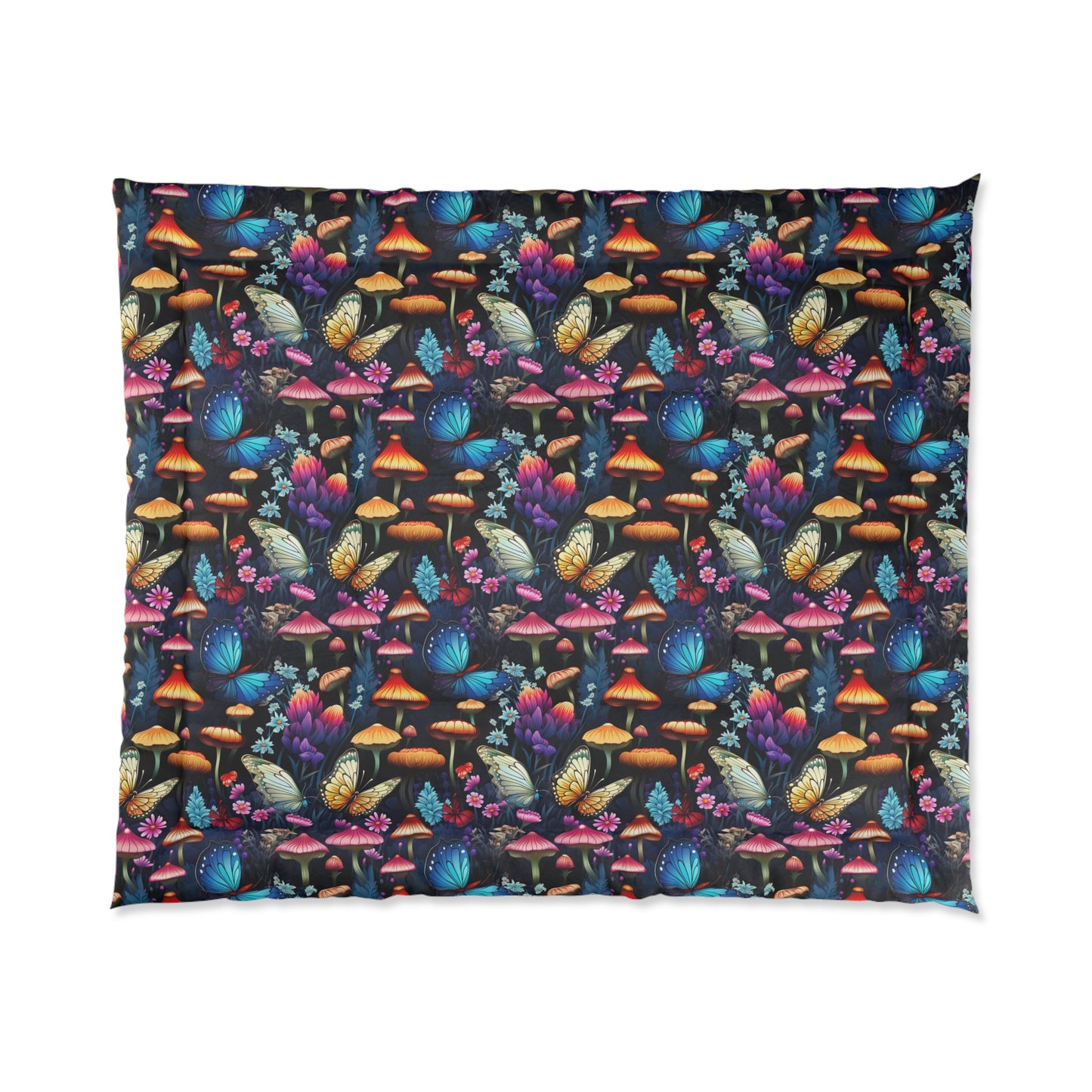 Neon Nocturne: Illuminated Butterfly and Mushroom Silhouettes Against the Night Sky - Comforter 4 Sizes