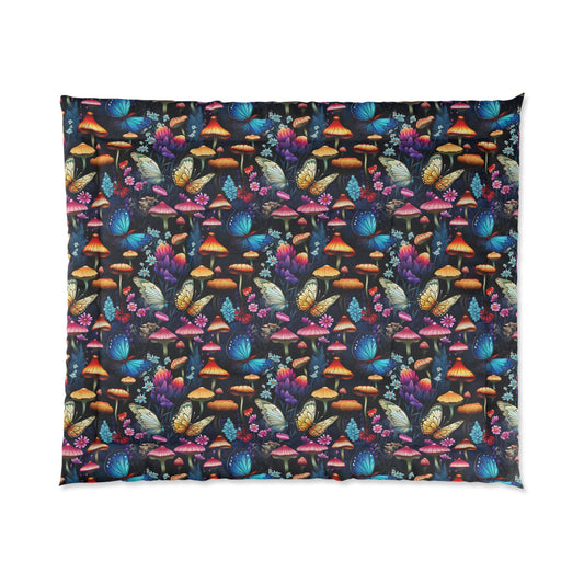 Neon Nocturne: Illuminated Butterfly and Mushroom Silhouettes Against the Night Sky - Comforter 4 Sizes