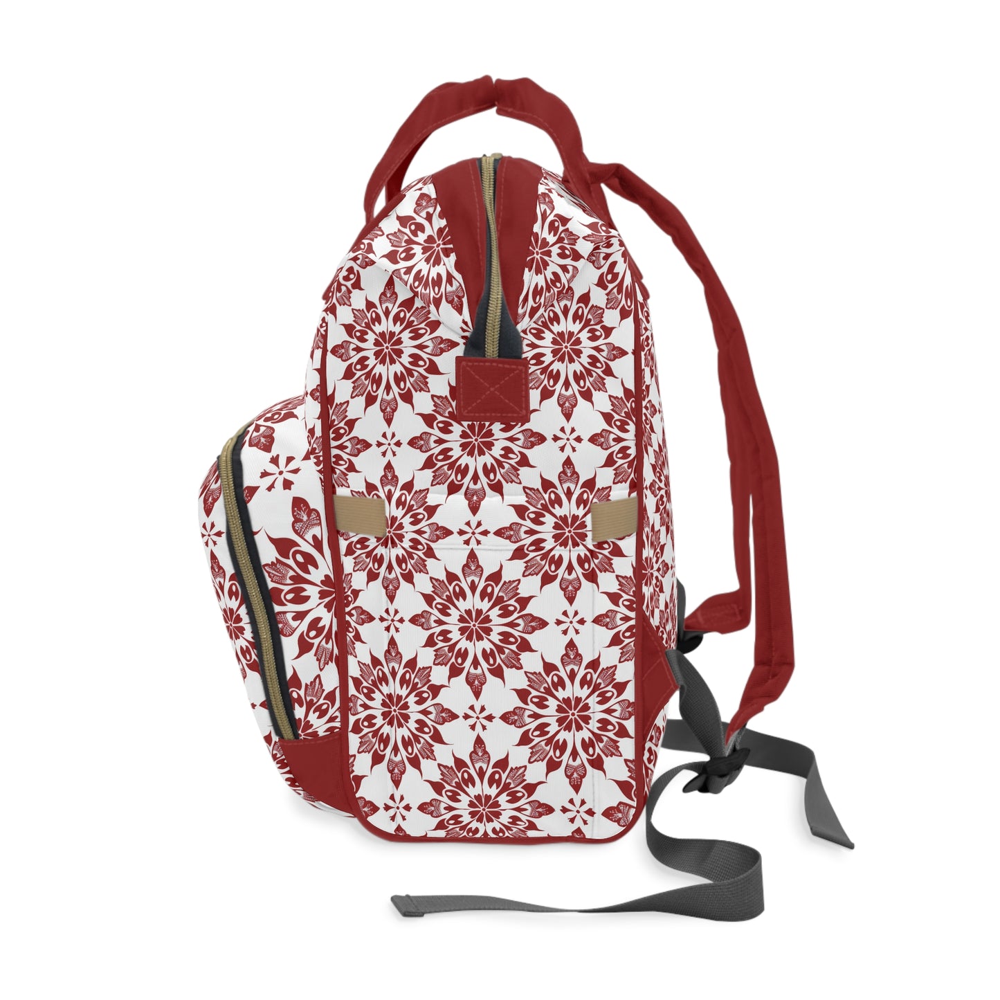 Vintage Radiance Ornate Red and White Floral Burst Pattern Multifunctional Diaper Backpack