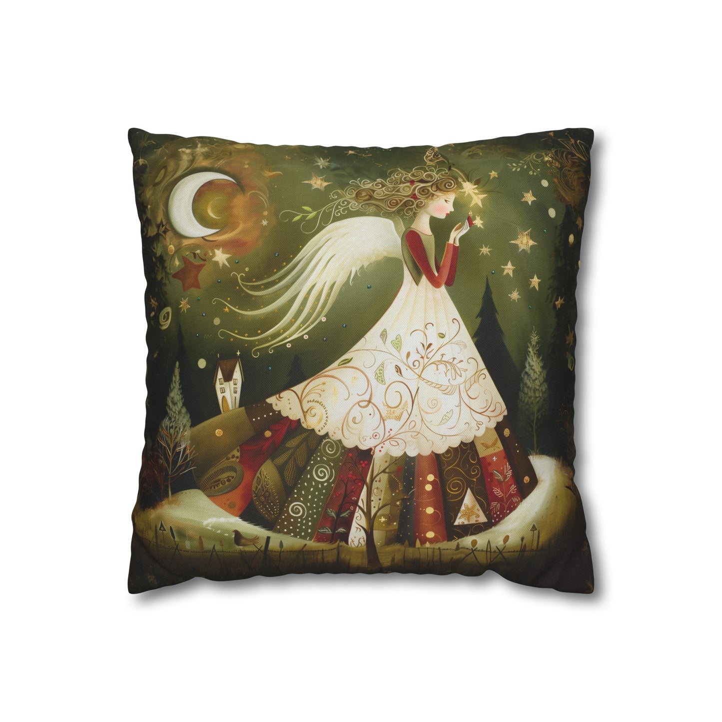 Christmas Angel in Tapestry Dress Amidst a Starlit Forest Spun Polyester Square Pillowcase 4 Sizes