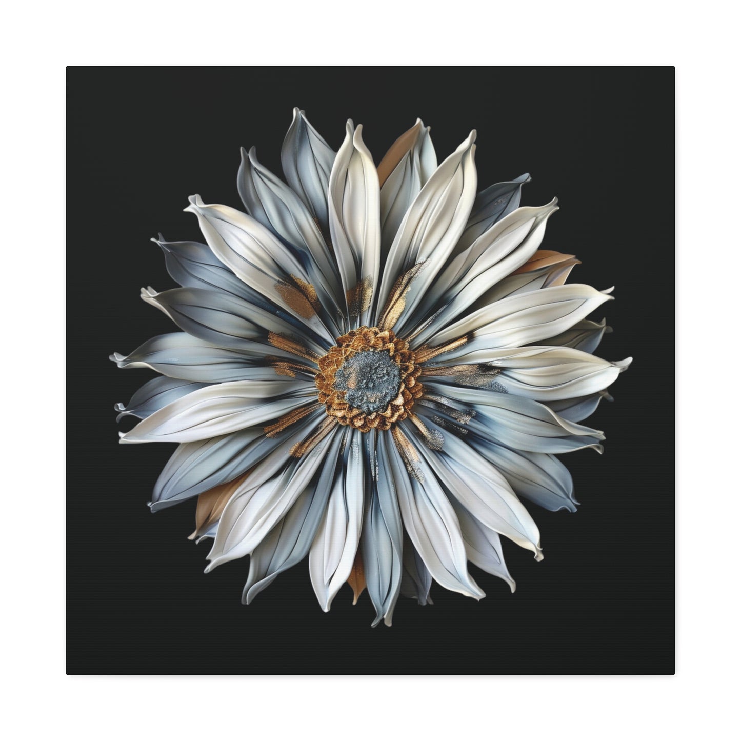 Pale Blue and Gold Sculpted Daisy on Black Background Print on Canvas Gallery Wraps  - 5 Sizes