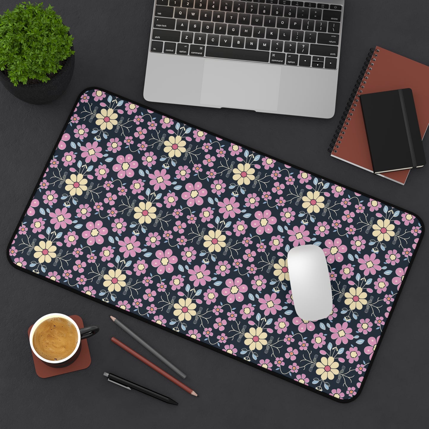 Charming Pastel Pink and Yellow Flowers on Navy Blue Background Extended Gaming Mouse Pad  Desk Mat  - 3 Sizes