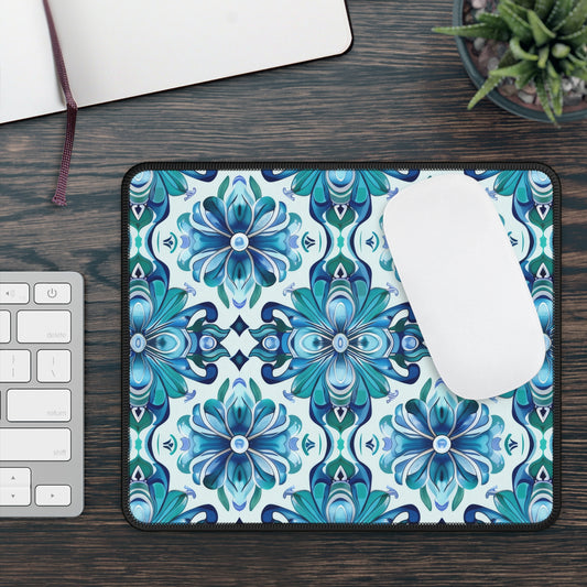 Majestic Florals in A Lush Array of Teal and Blue Blossoms Gaming Mouse Pad with Finished Edges