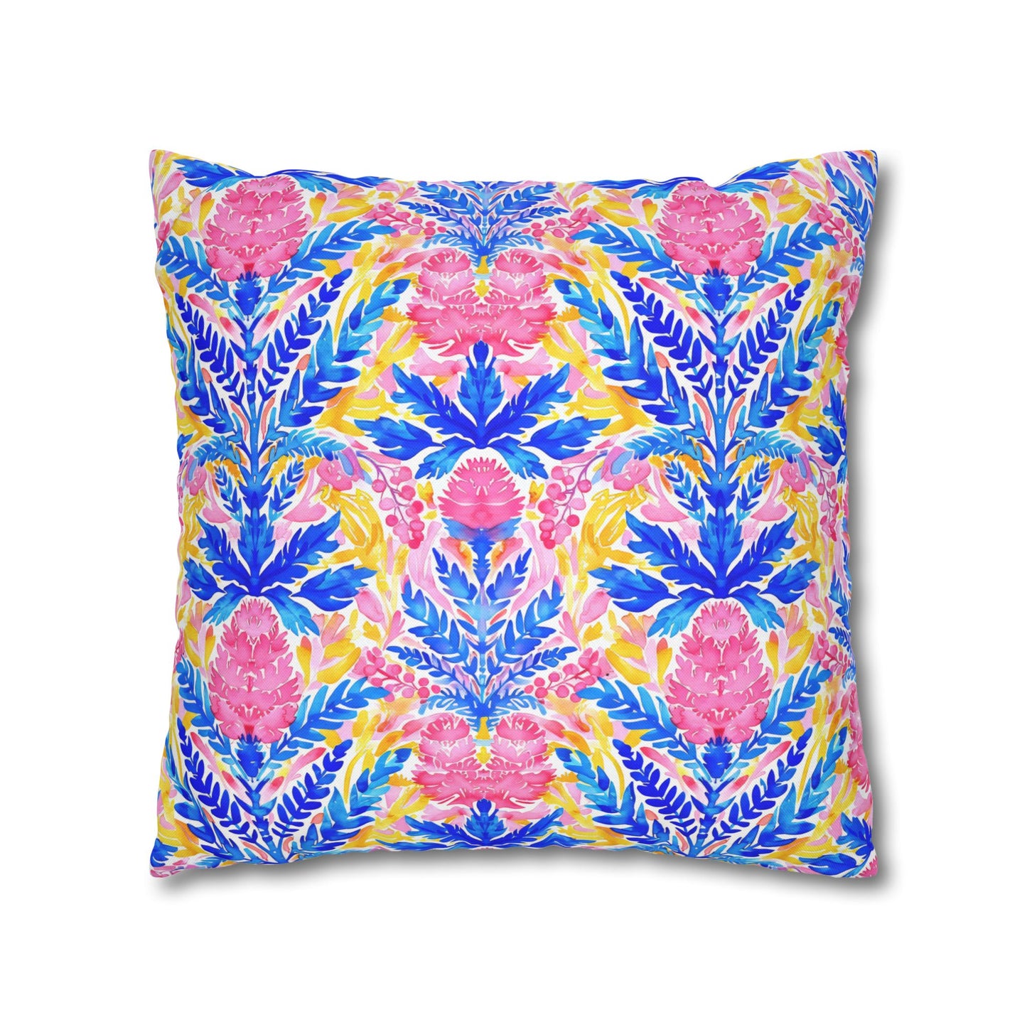 Tropical Watercolor Blooms in Vibrant Pinks and Blues Spun Polyester Square Pillowcase 4 Sizes