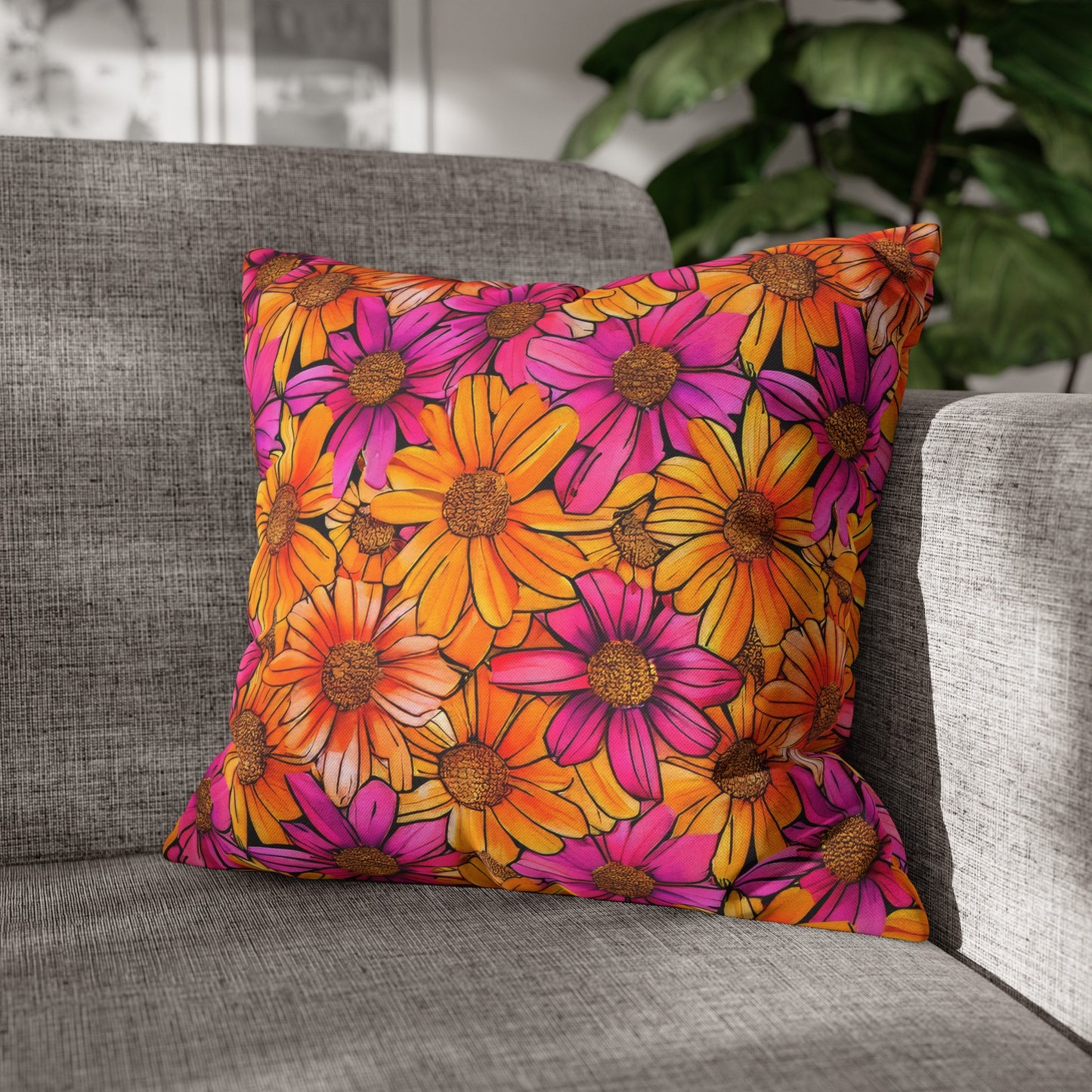 Vibrant Daisy Delight with Bold Orange and Pink Spun Polyester Square Pillowcase 4 Sizes