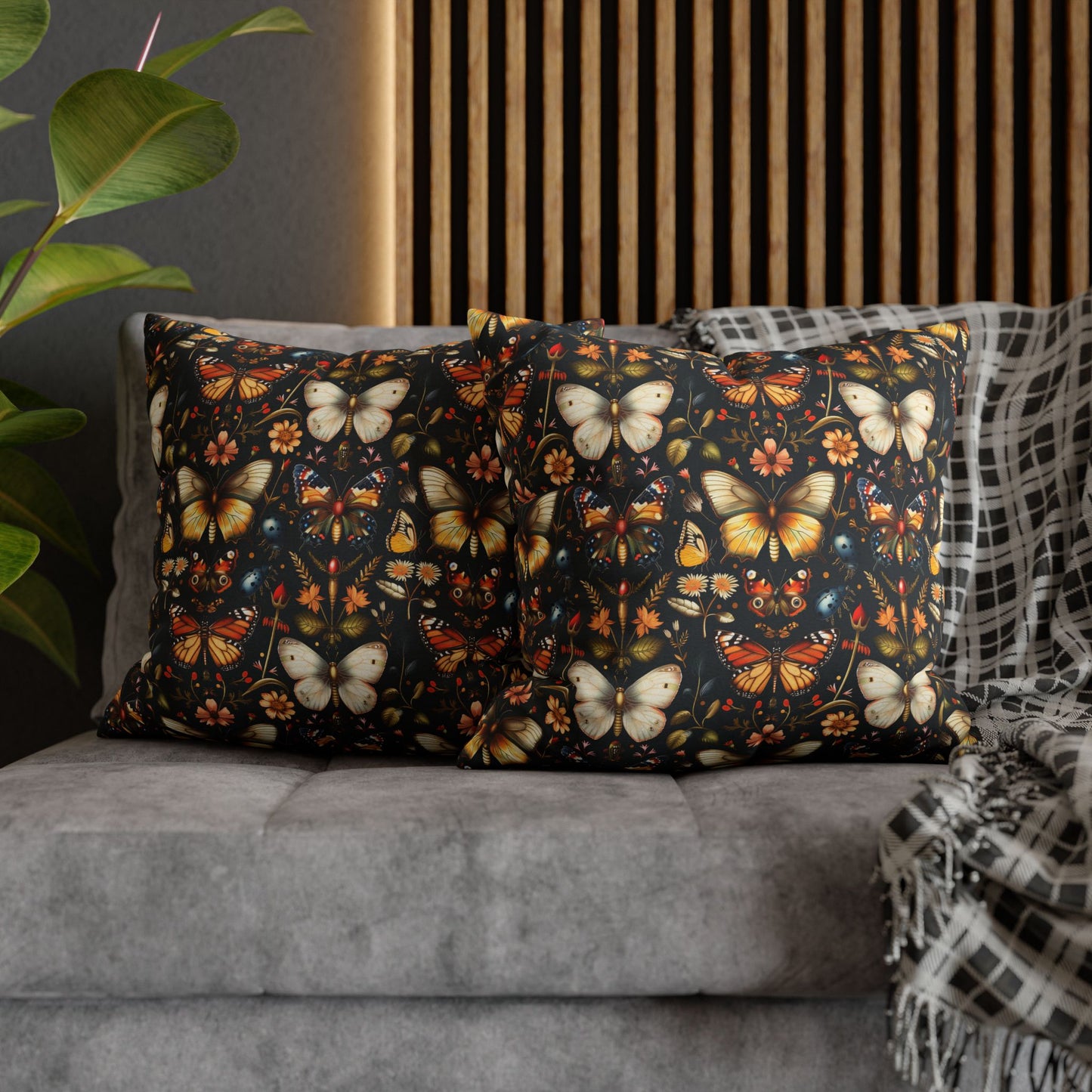 Enchanted Garden of Butterflies and Botanicals in Rich Autumn Hues on a Deep Night Background Polyester Square Pillowcase 4 Sizes