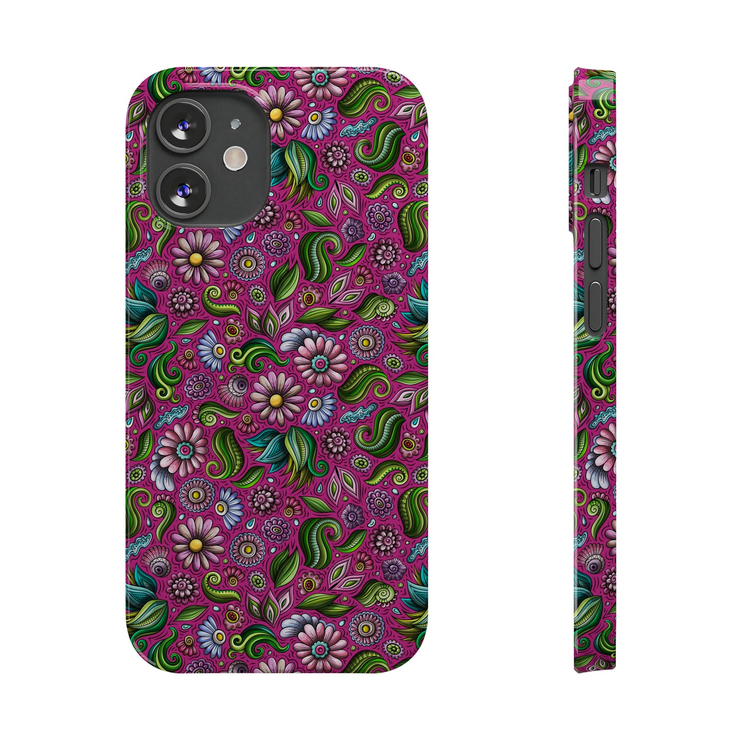 Purple & Pink Daisy Floral Print Hot Pink Background Iphone 15-12 Slim Phone Case