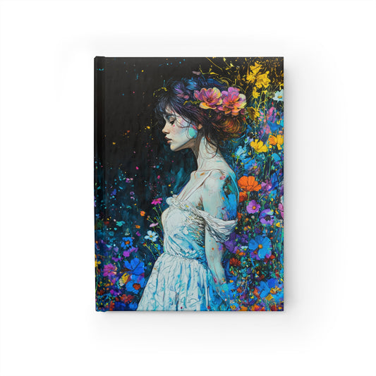 Young Girl in White Dress Amidst a Garden of Floral Blooms Hard Cover Journal - Ruled Line