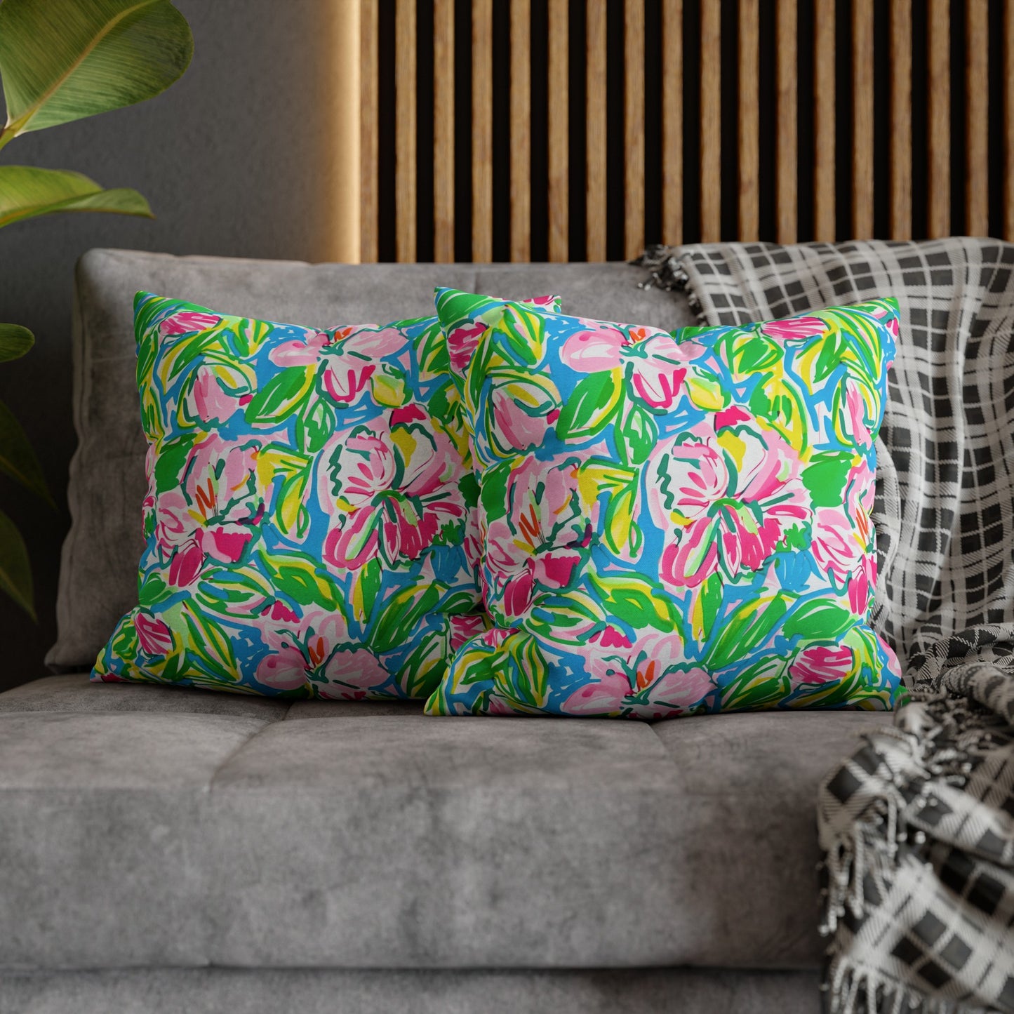 Whispering Meadows: Pink Blossoms, Lush Green Leaves, and Accents of Yellow and Blue Spun Polyester Square Pillowcase 4 Sizes