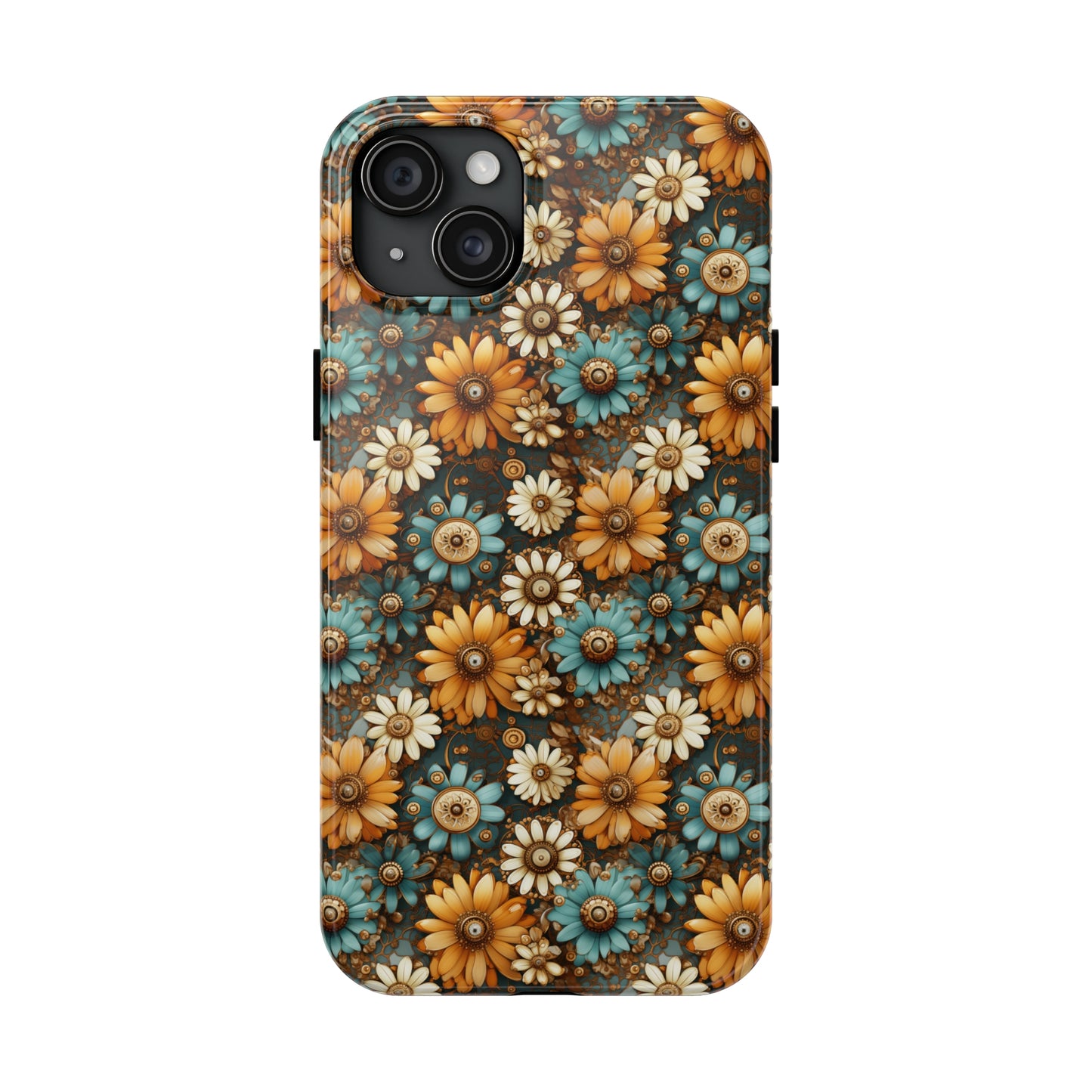 Victorian Steampunk Cream Gold and Teal Flowers with Gears and Mechanical Elements Iphone Tough Phone Case