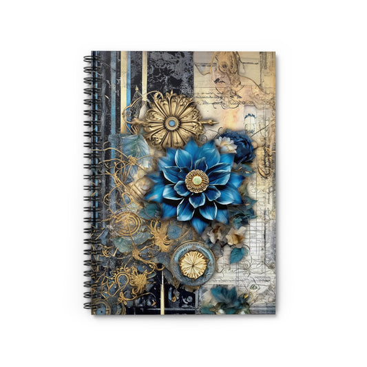 Vintage Blue and Gold Flowers  - Spiral Notebook Ruled Line 6"x8"