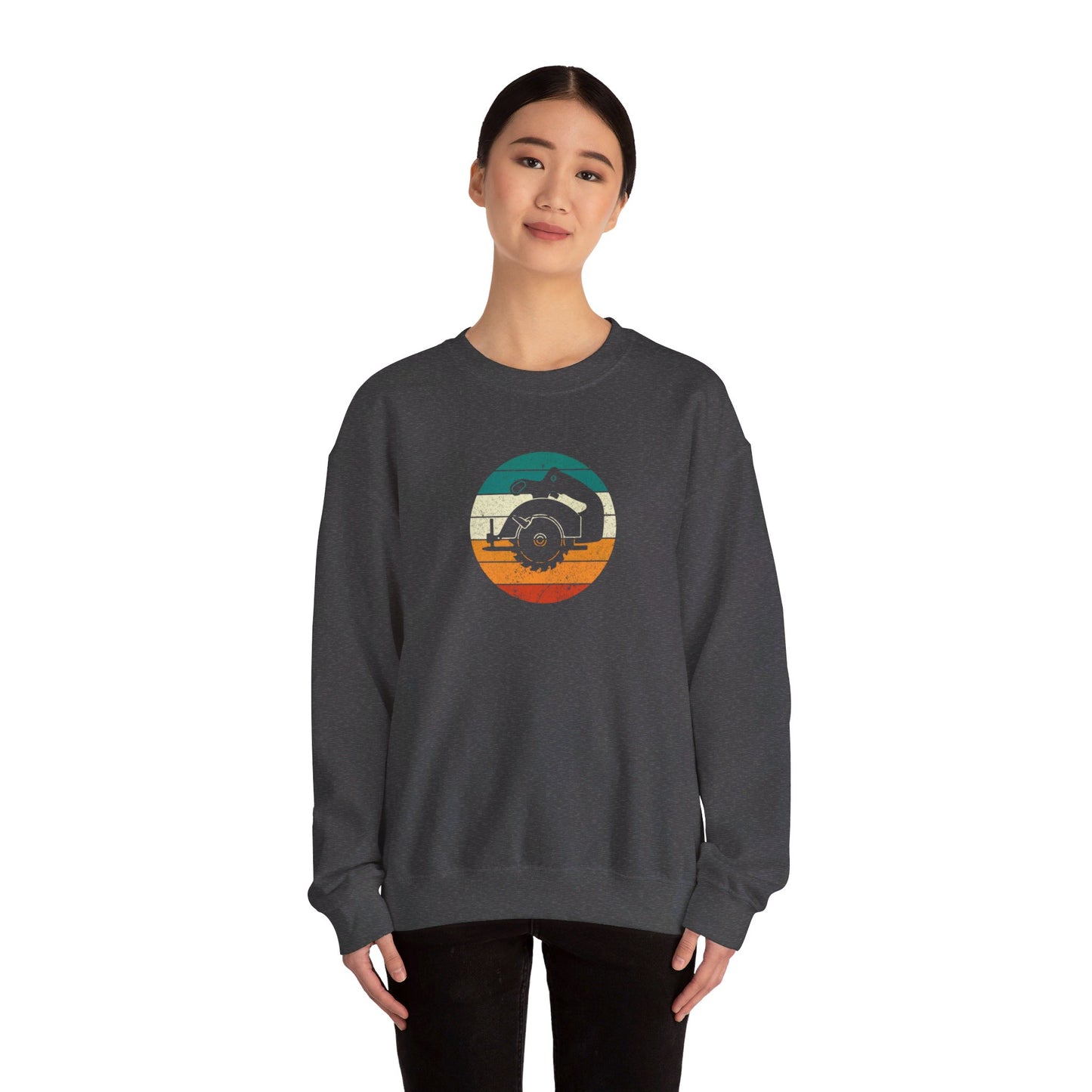 Retro Woodworking Sunset: Carving Memories with Chainsaw Charm - Crewneck Sweatshirt Unisex S-3XL