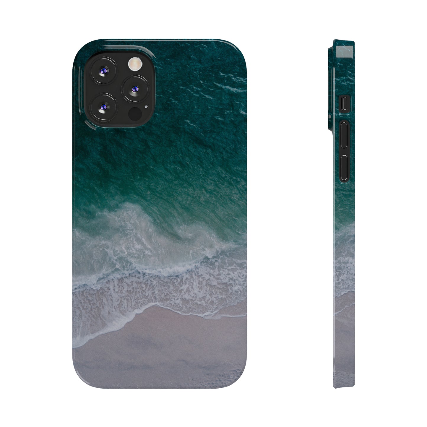 Ocean's Embrace: Deep Green Waters with White Waves Crashing onto the Beach Design Iphone 15-12 Slim Phone Case