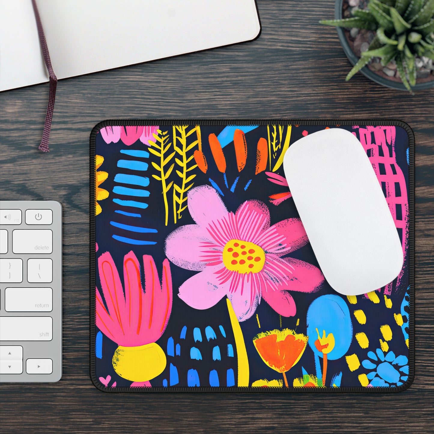 Abstract Floral Delight: Pink, Blue, and Yellow Blossoms Gaming Mouse Pad with Finished Edges