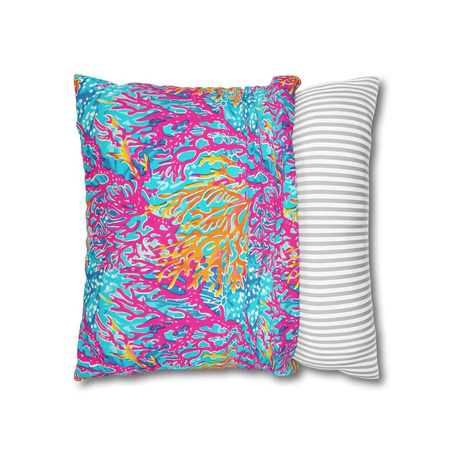 Coral Symphony: Bright Pink, Yellow, and Coral Dancing in the Blue Ocean Spun Polyester Square Pillowcase 4 Sizes