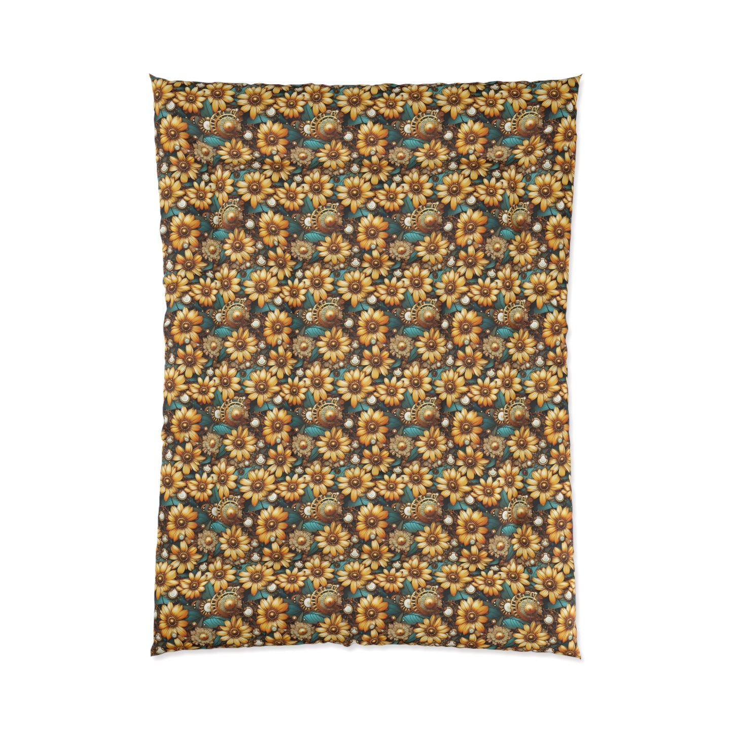 Victorian Steampunk Gold Flowers Teal Background with Gears and Mechanical Elements - Comforter 4 Sizes