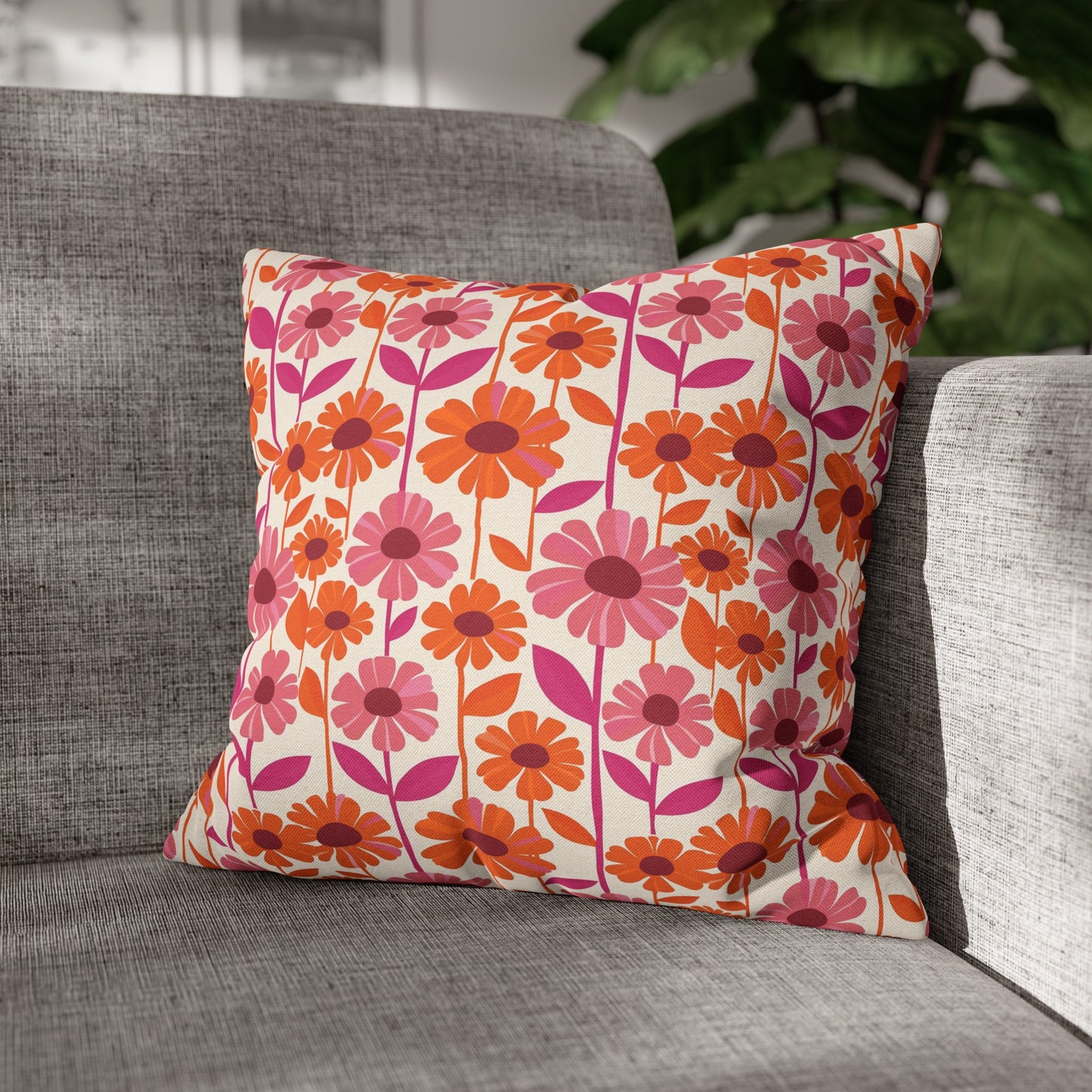 Retro Floral Bliss with Bold Pink and Orange Flower Design Spun Polyester Square Pillowcase 4 Sizes