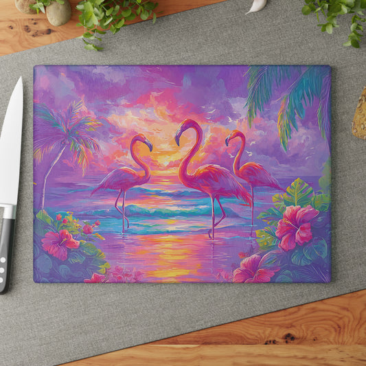 Flamingos at Ocean Sunset Awareness Glass Cutting Board, Charcuterie Serving Tray 2 Sizes