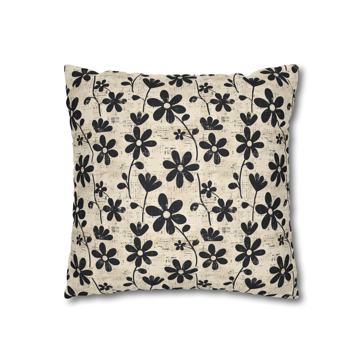 Distressed Black Floral on Beige Background Spun Polyester Square Pillowcase 4 Sizes