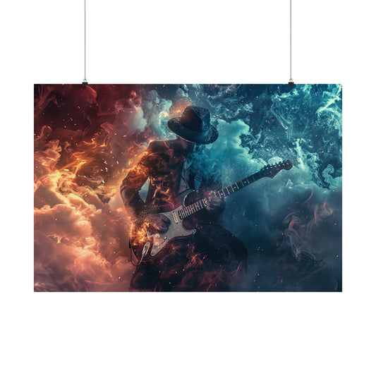 Blazing Virtuosity: Electric Guitar Player, Clad in Top Hat, amidst a Fiery and Icy Backdrop   - 7 Sizes