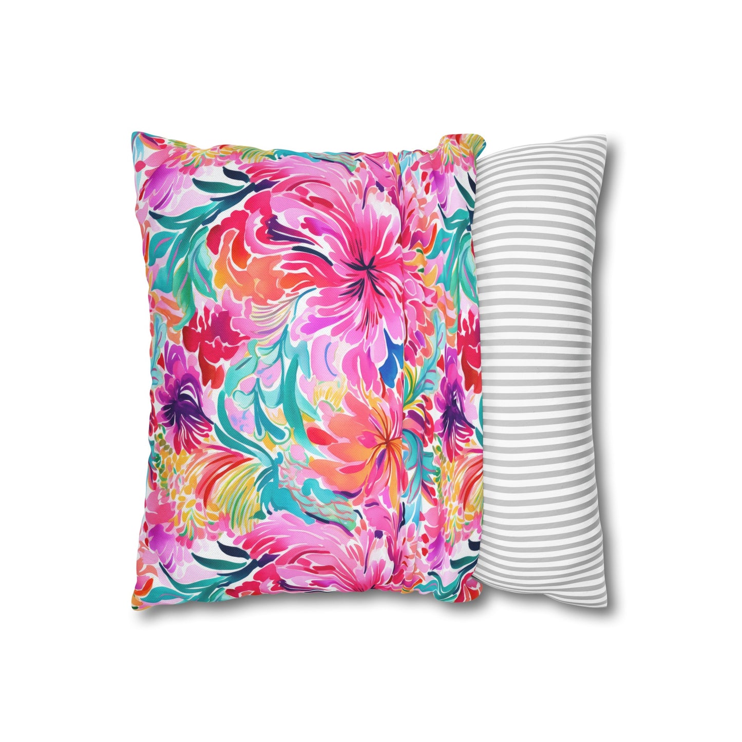 Rainbow Tropics: Watercolor Flowers in Vibrant Pink, Green and Orange Hues Spun Polyester Square Pillowcase 4 Sizes