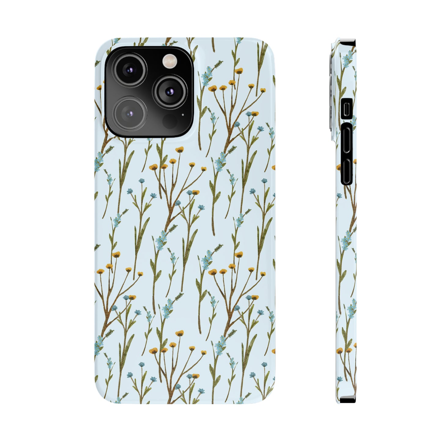 Delicate Blue and Yellow Wildflowers on a Light Blue Background Design Iphone 15-12 Slim Phone Case