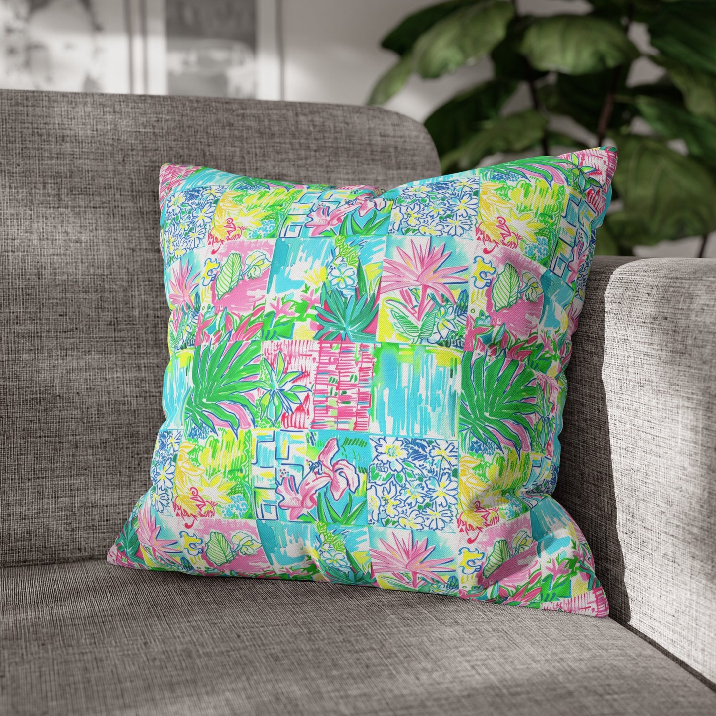 Whimsical Palm Trees and Flowers in Vibrant Pink, Teal, and Green Collage Spun Polyester Square Pillowcase 4 Sizes