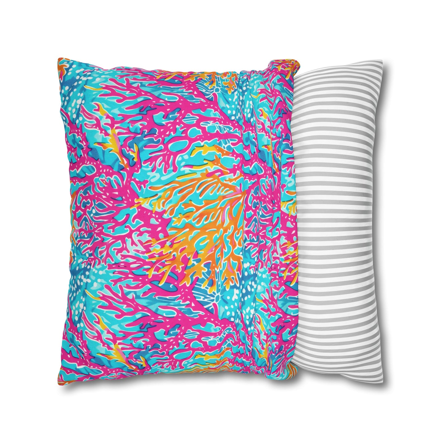 Coral Symphony: Bright Pink, Yellow, and Coral Dancing in the Blue Ocean Spun Polyester Square Pillowcase 4 Sizes