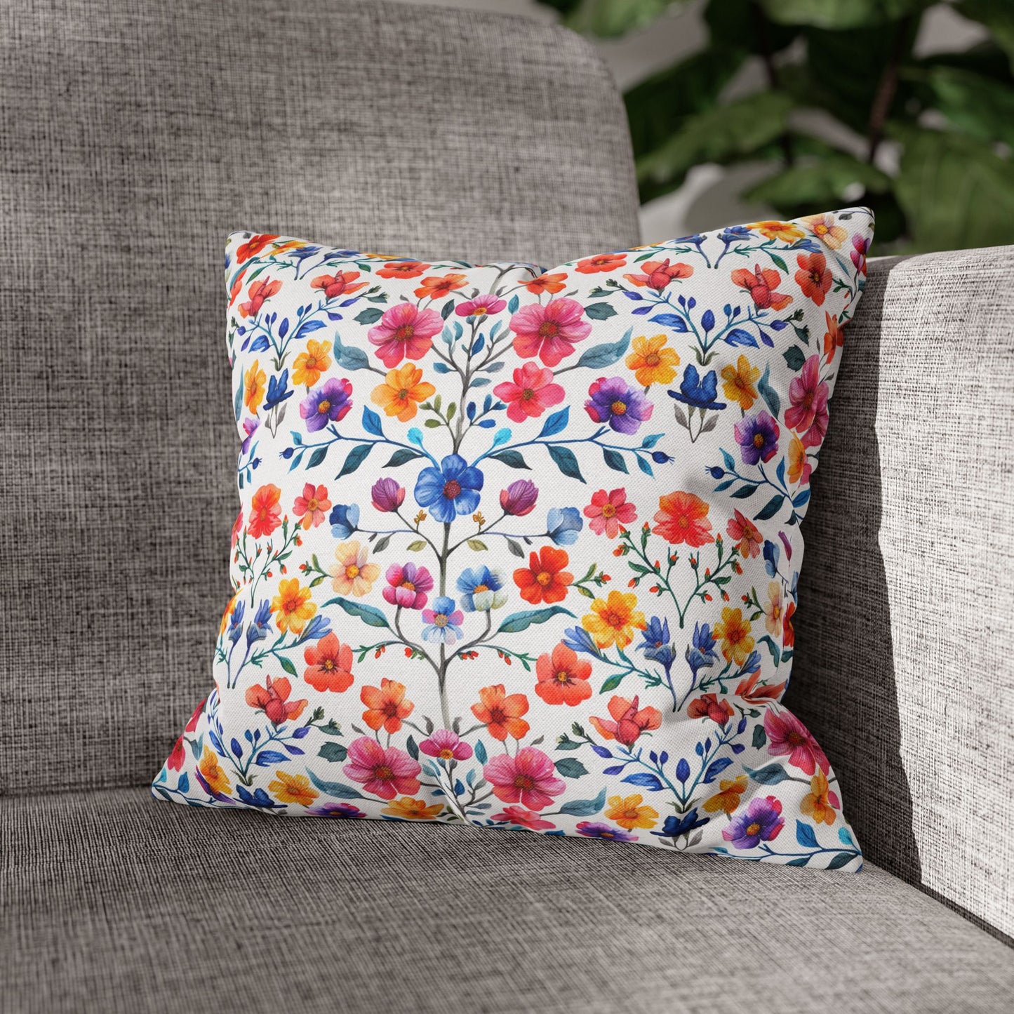 Botanical Symphony with Vibrant Watercolor Flowers  Spun Polyester Square Pillowcase 4 Sizes