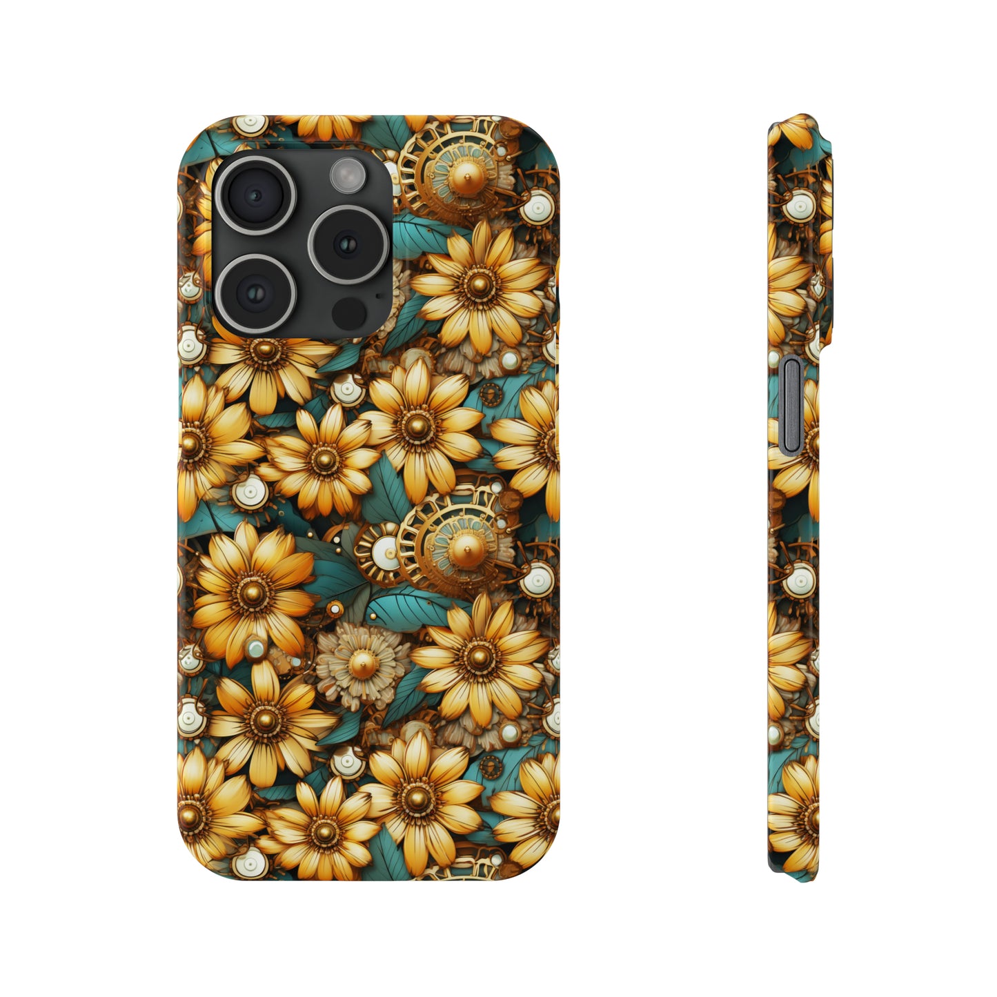 Victorian Steampunk Gold Flowers Teal Background with Gears and Mechanical Elements Iphone 15-12 Slim Phone Case