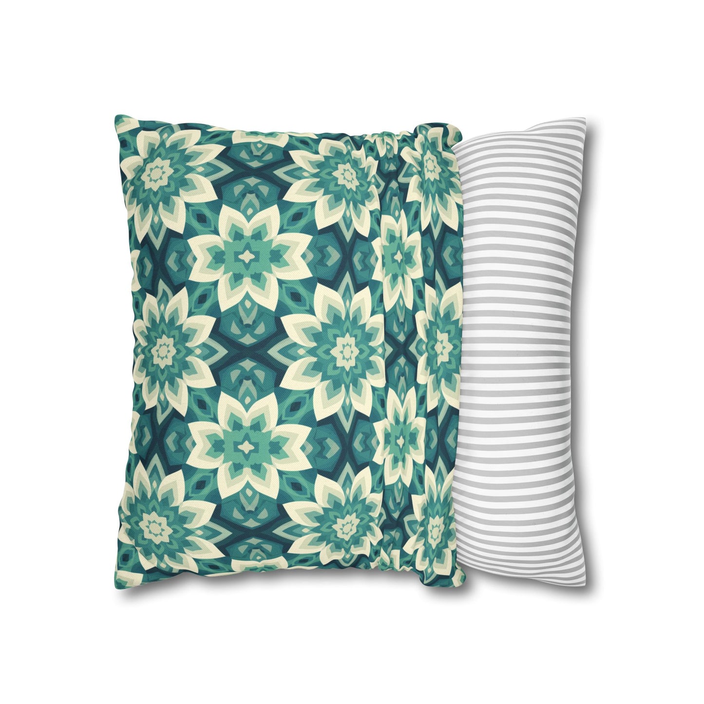 Intricate Aqua and Teal Mandala Floral Pattern Spun Polyester Square Pillowcase 4 Sizes