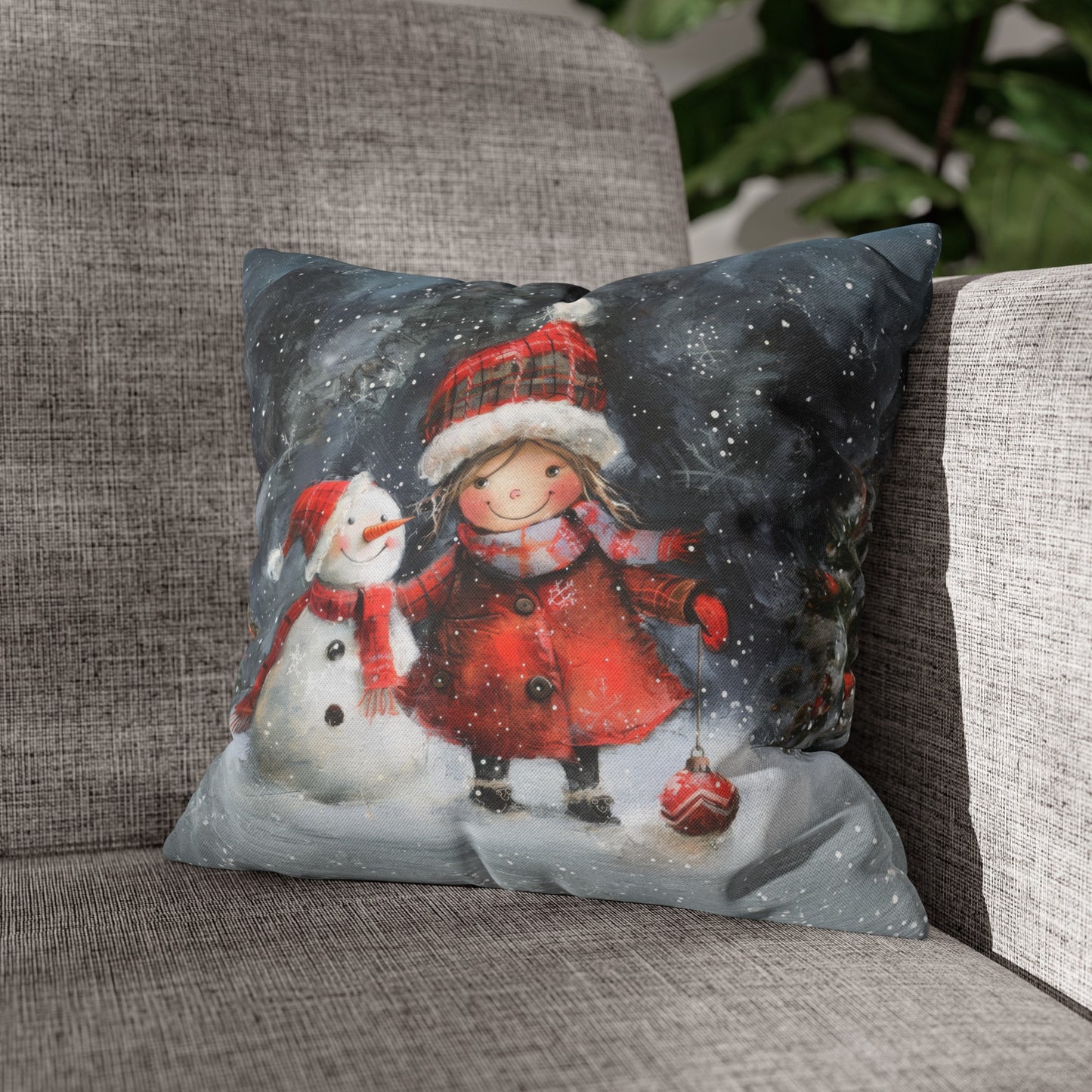 Frosty Friends: Little Girl Standing with Snowman on a Snowy Night Spun Polyester Square Pillowcase 4 Sizes