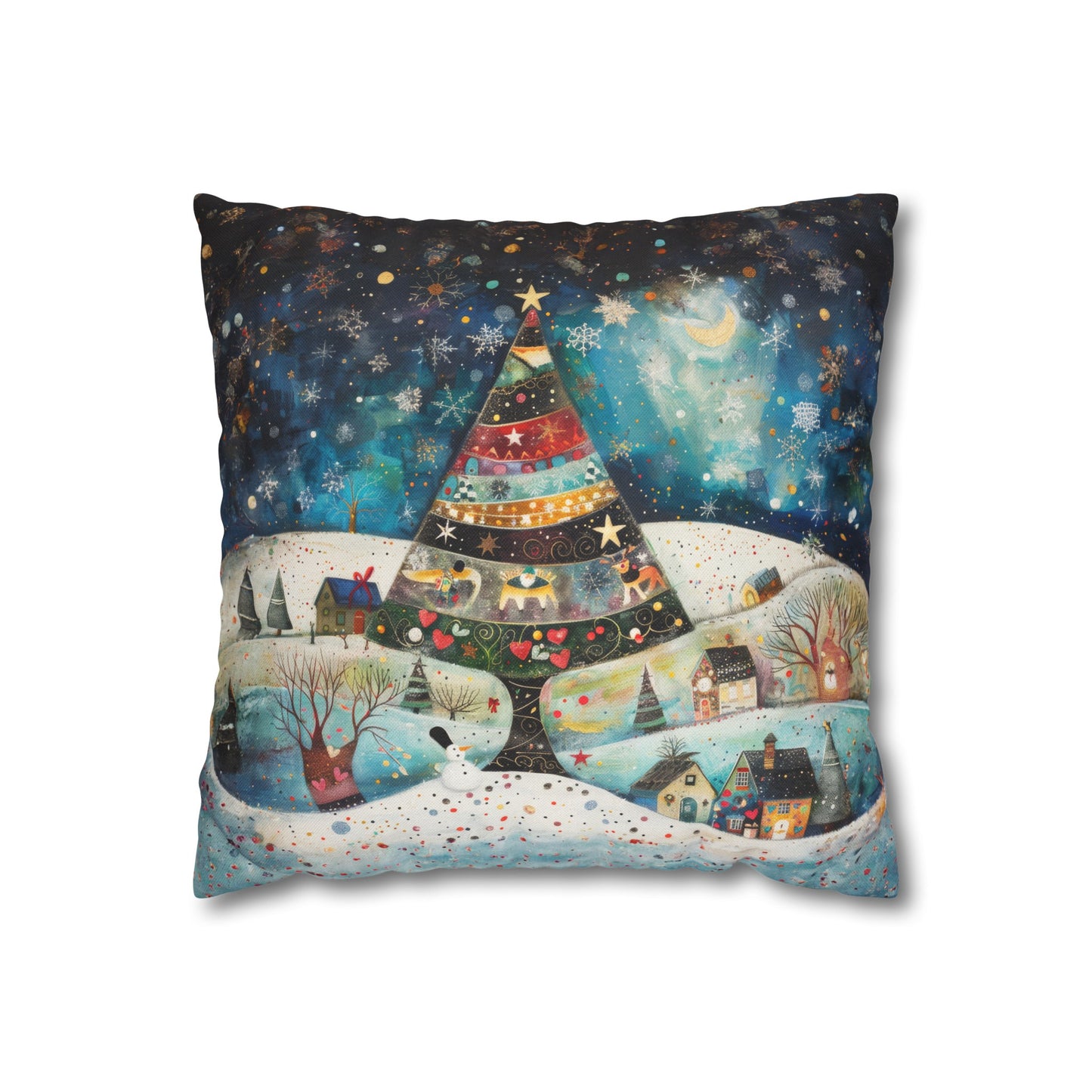 Twilight Treasures: Folk Art Christmas Tree Adorning a Town at Night Spun Polyester Square Pillowcase 4 Sizes