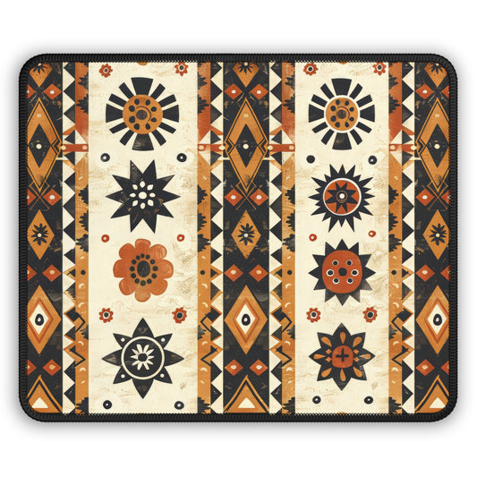 Bohemian Intricate Geometric and Floral Folk Design in Burnt Orange, Deep Brown, and Creamy Beige Gaming Mouse Pad with Finished Edges