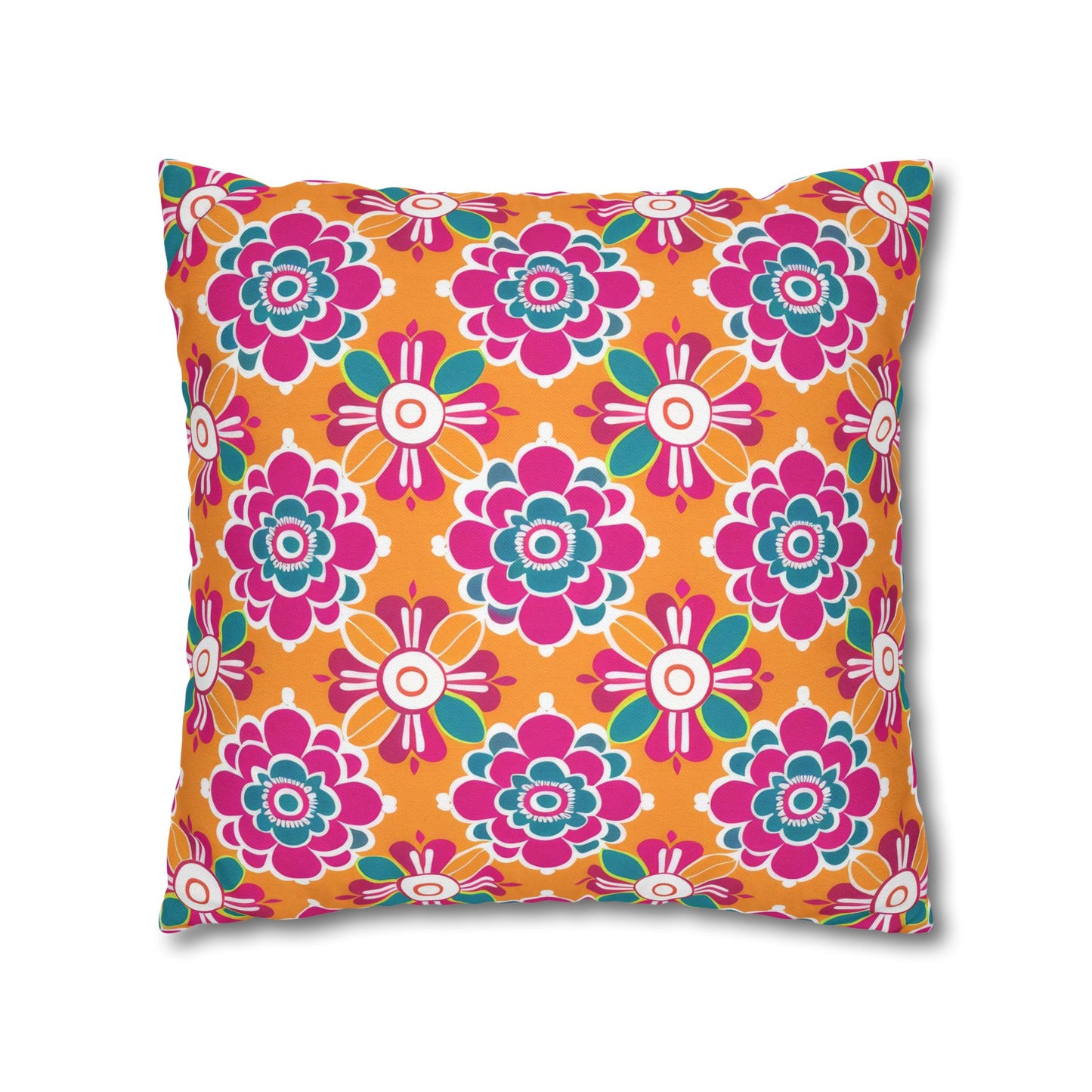 Array of Stylized Floral Motifs in Vivid Pink, Teal, and White Set Against a Warm Orange Backdrop Spun Polyester Square Pillowcase 4 Sizes