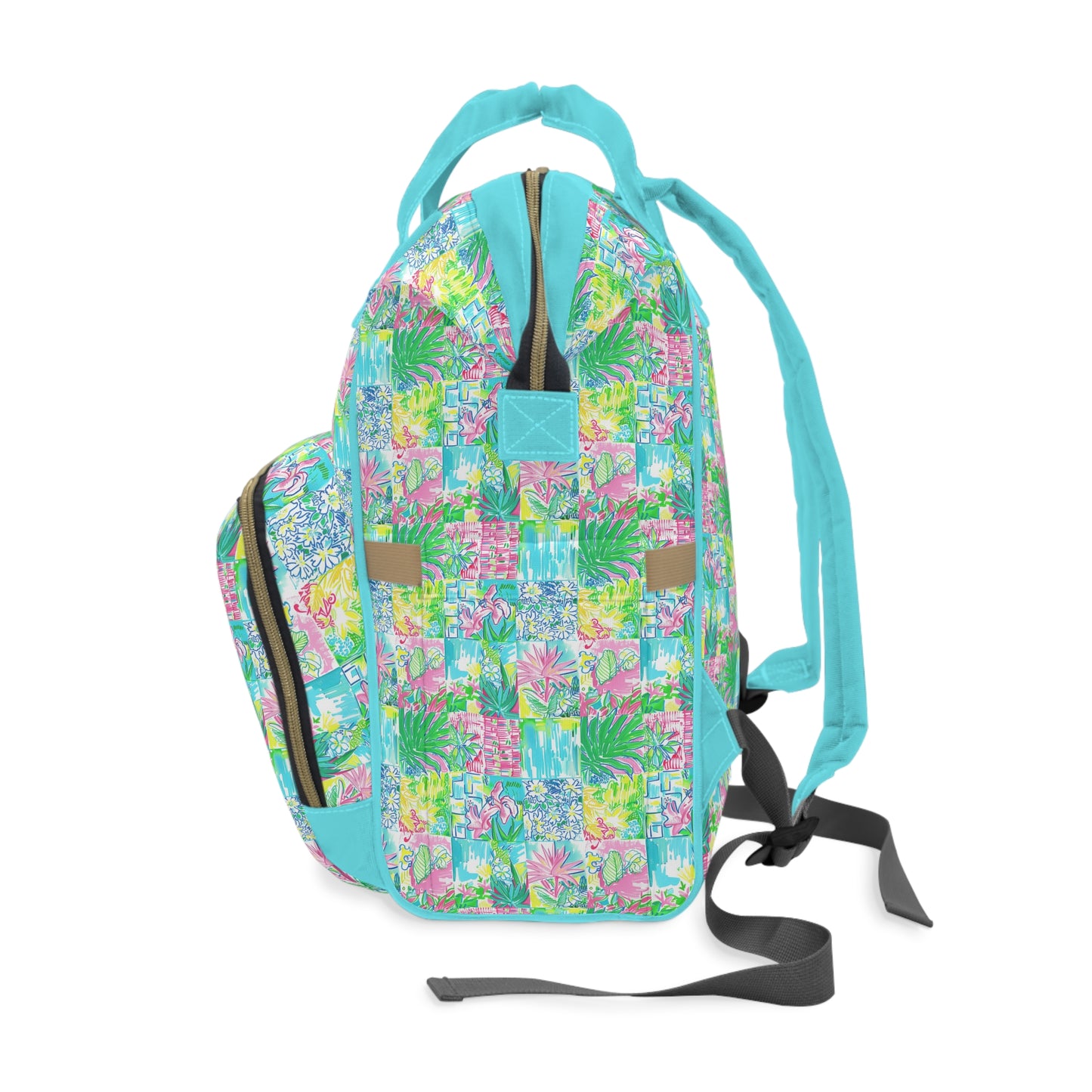 Whimsical Palm Trees and Flowers in Vibrant Pink, Teal, and Green Collage Multifunctional Diaper Backpack