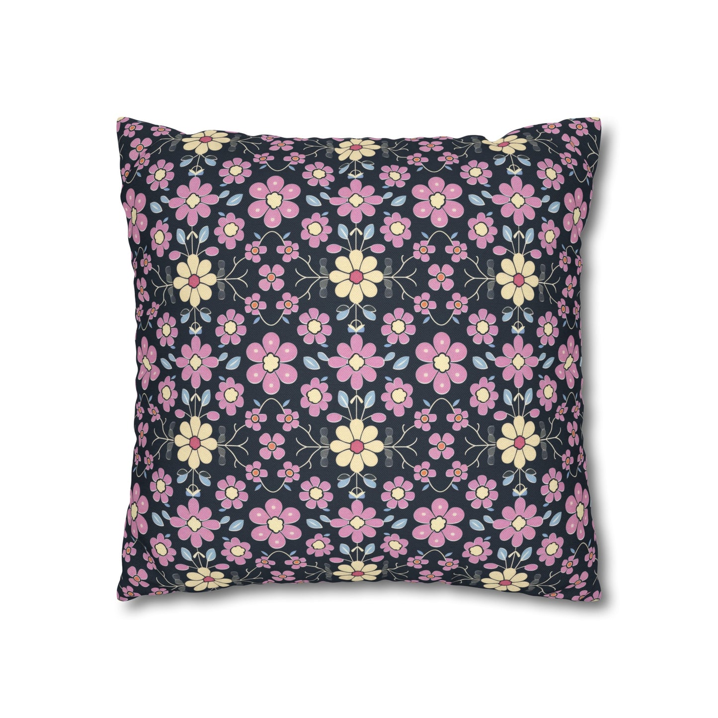 Charming Pastel Pink and Yellow Flowers on Navy Blue Background Spun Polyester Square Pillowcase 4 Sizes