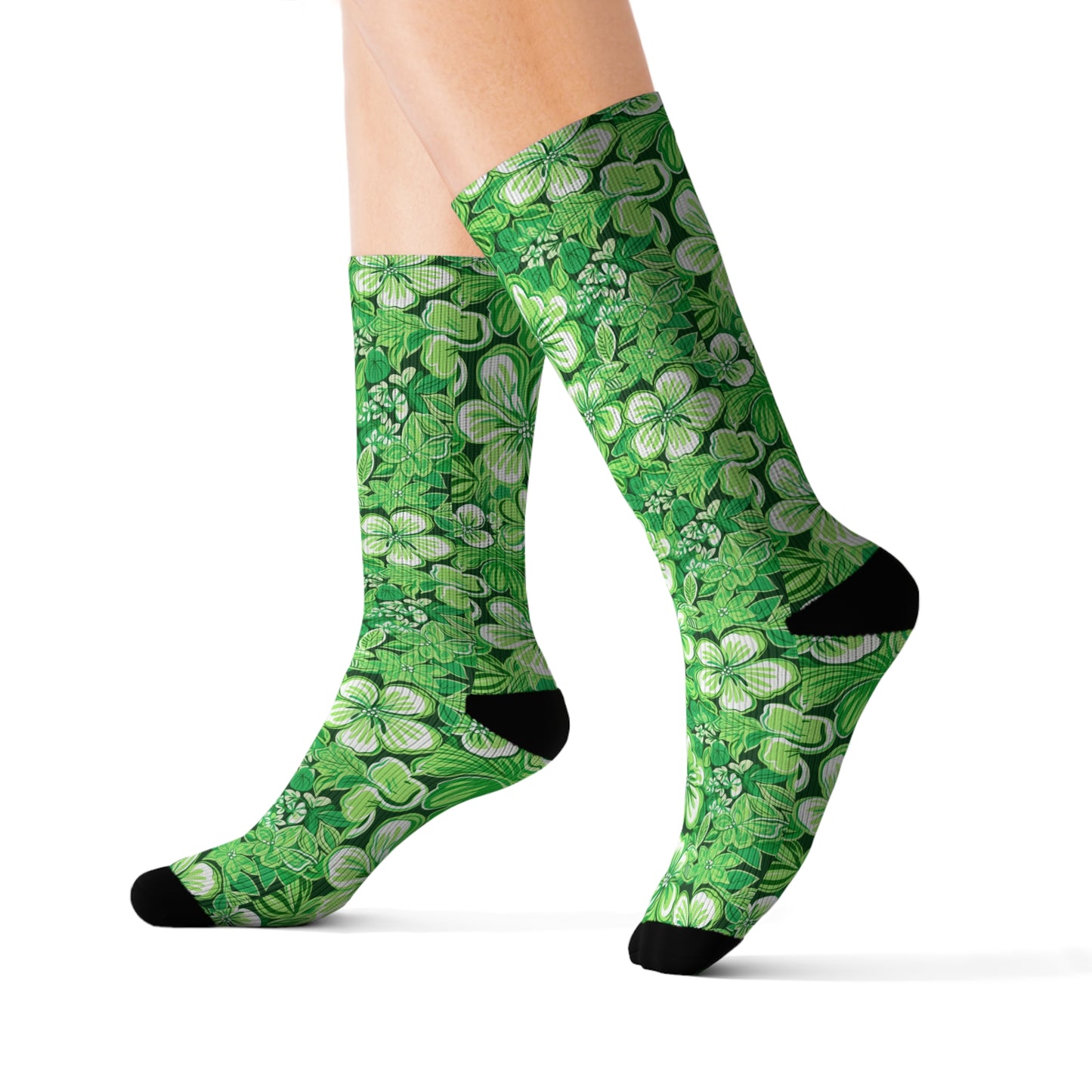 Emerald Essence: Floral Bloom Design in Green Hues Ribbed Crew Socks