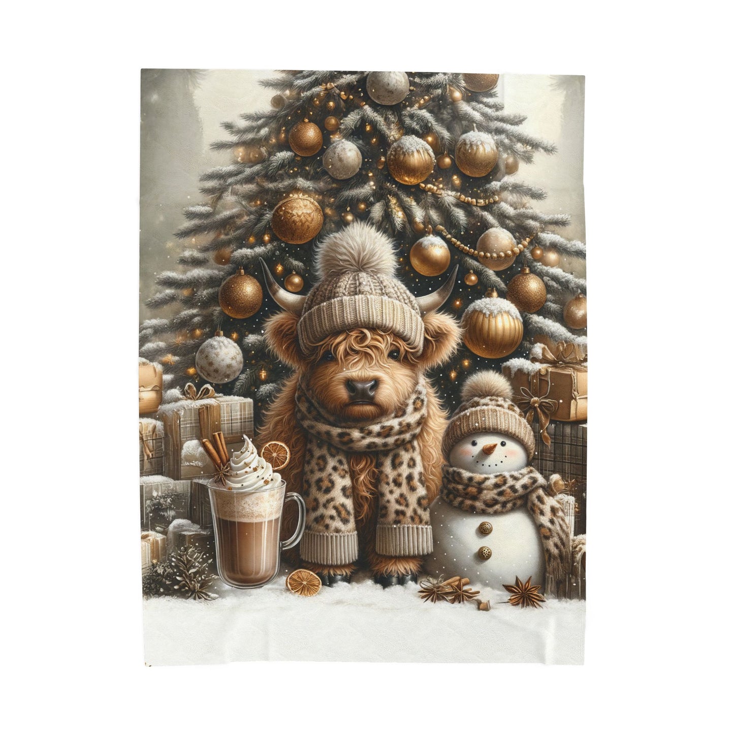 Cute Baby Highland Cow Christmas Trees Presents Leopard Velveteen Plush Blanket 3 Sizes