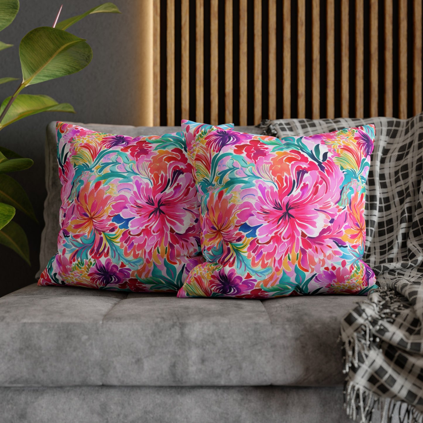 Rainbow Tropics: Watercolor Flowers in Vibrant Pink, Green and Orange Hues Spun Polyester Square Pillowcase 4 Sizes