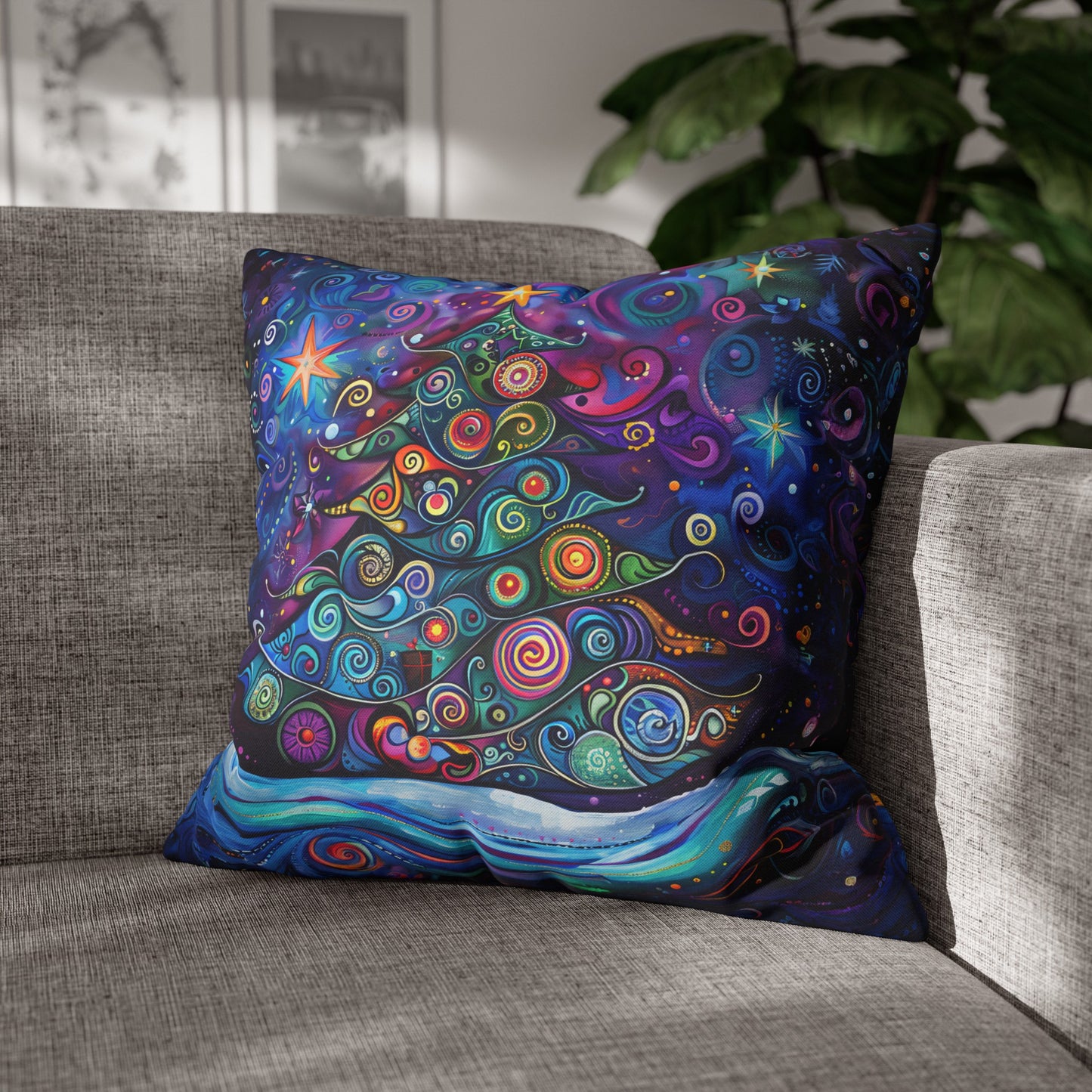 Christmas Tree in Magical Purple Hues, Sparkling Amidst Vibrant Stars Spun Polyester Square Pillowcase 4 Sizes