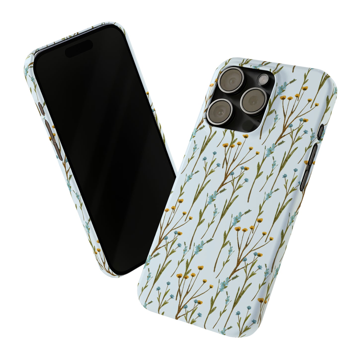 Delicate Blue and Yellow Wildflowers on a Light Blue Background Design Iphone 15-12 Slim Phone Case