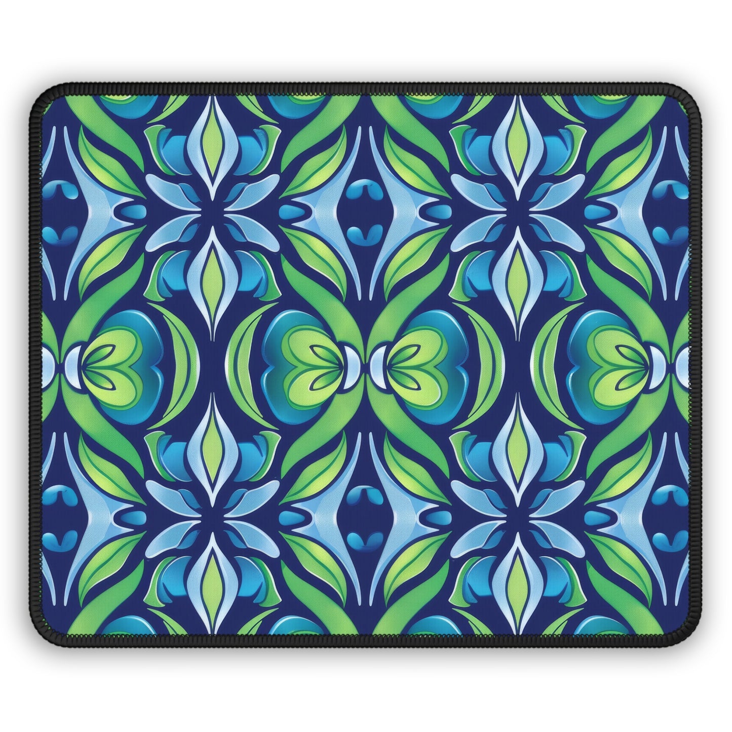 Retro Abstract Blue and Green Floral Pattern Gaming Mouse Pad with Finished Edges