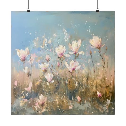 Gentle Spring Serenity: Soft White and Pink Wildflowers Blooming in a Sunlit Field Print on Matte Poster  - 14 Sizes