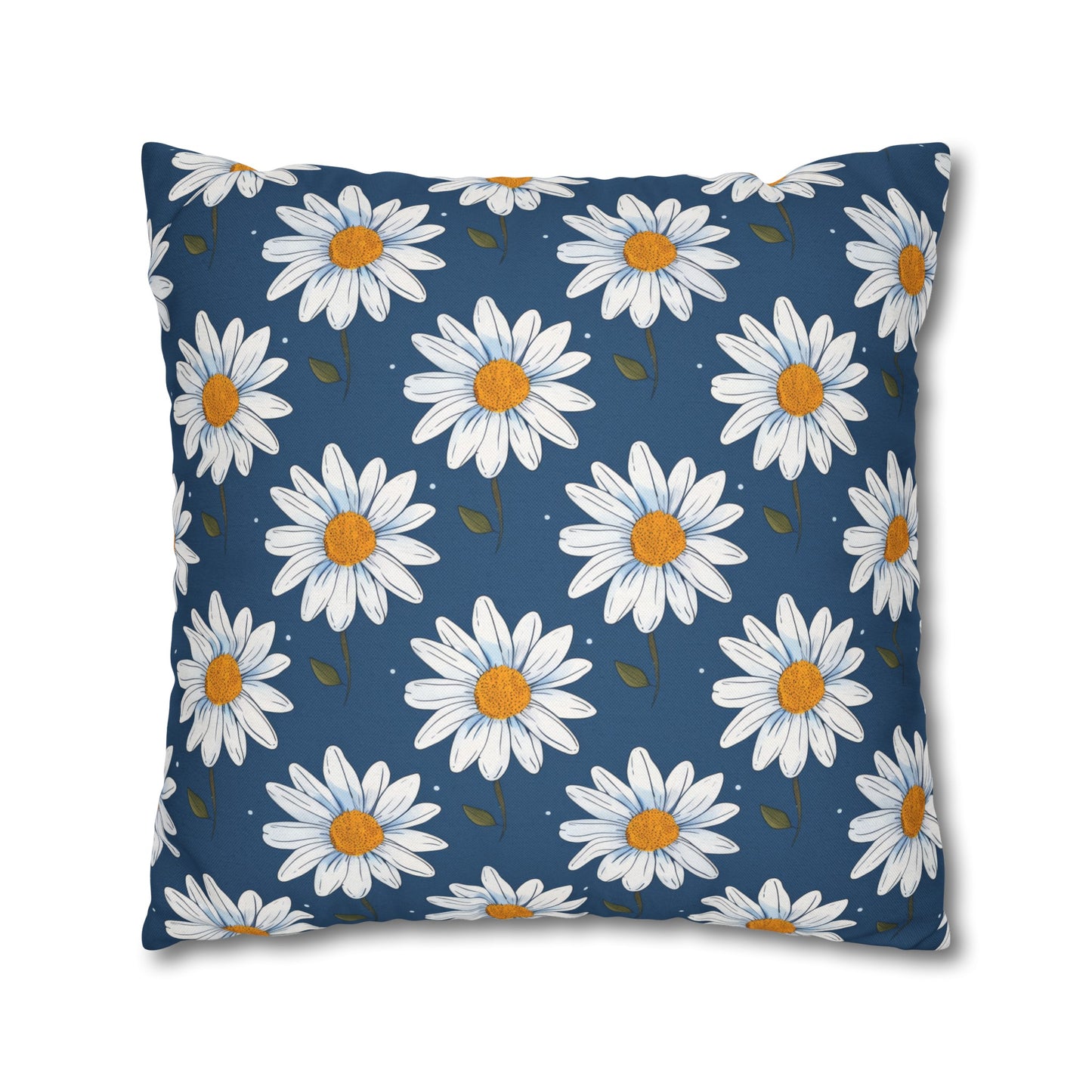 Elegant White Daisies on Navy Blue Background Spun Polyester Square Pillowcase 4 Sizes