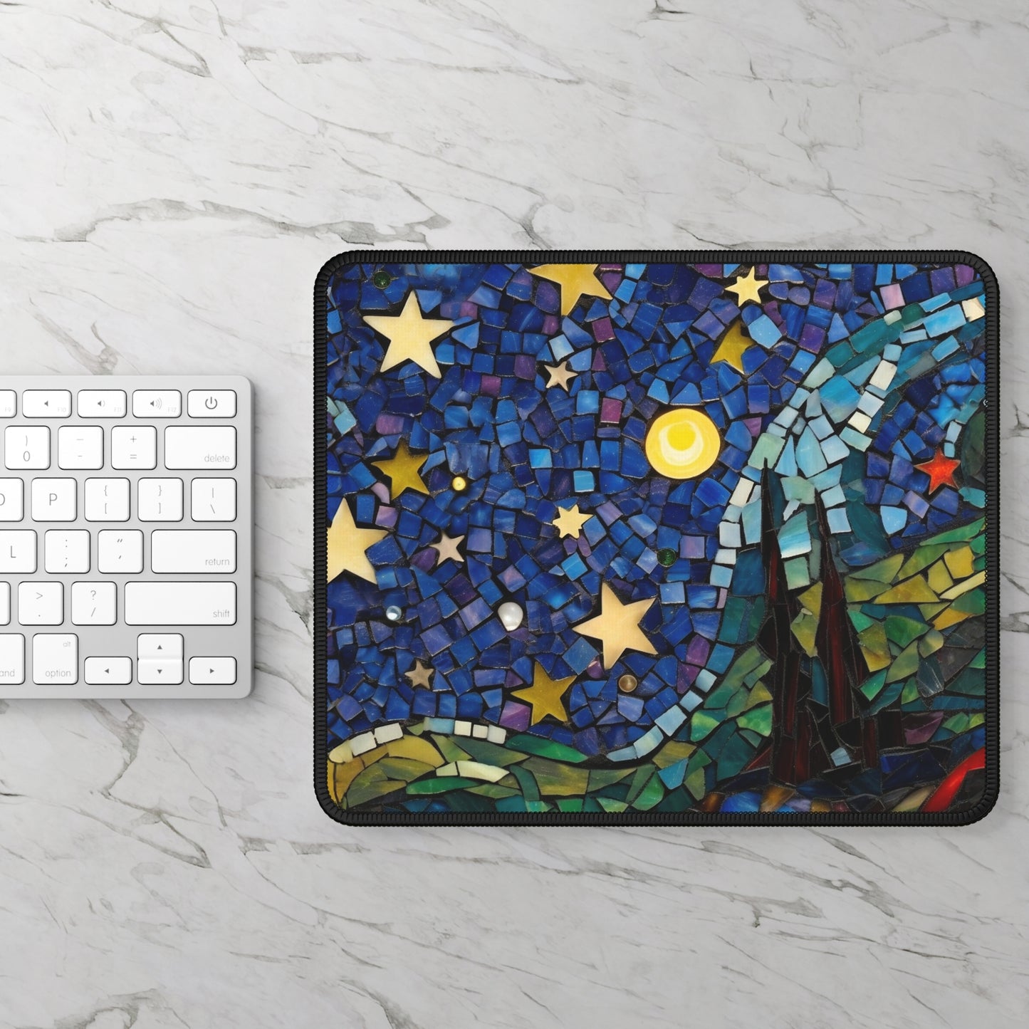 Starry Sky Nighttime Stain Glass Print Gaming Mouse Pad with Finished Edges